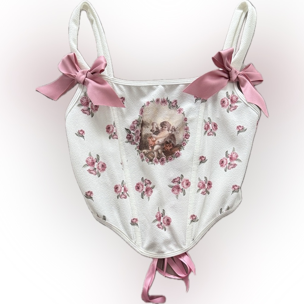 White Floral Corset Top with Pink Ribbon Bows
